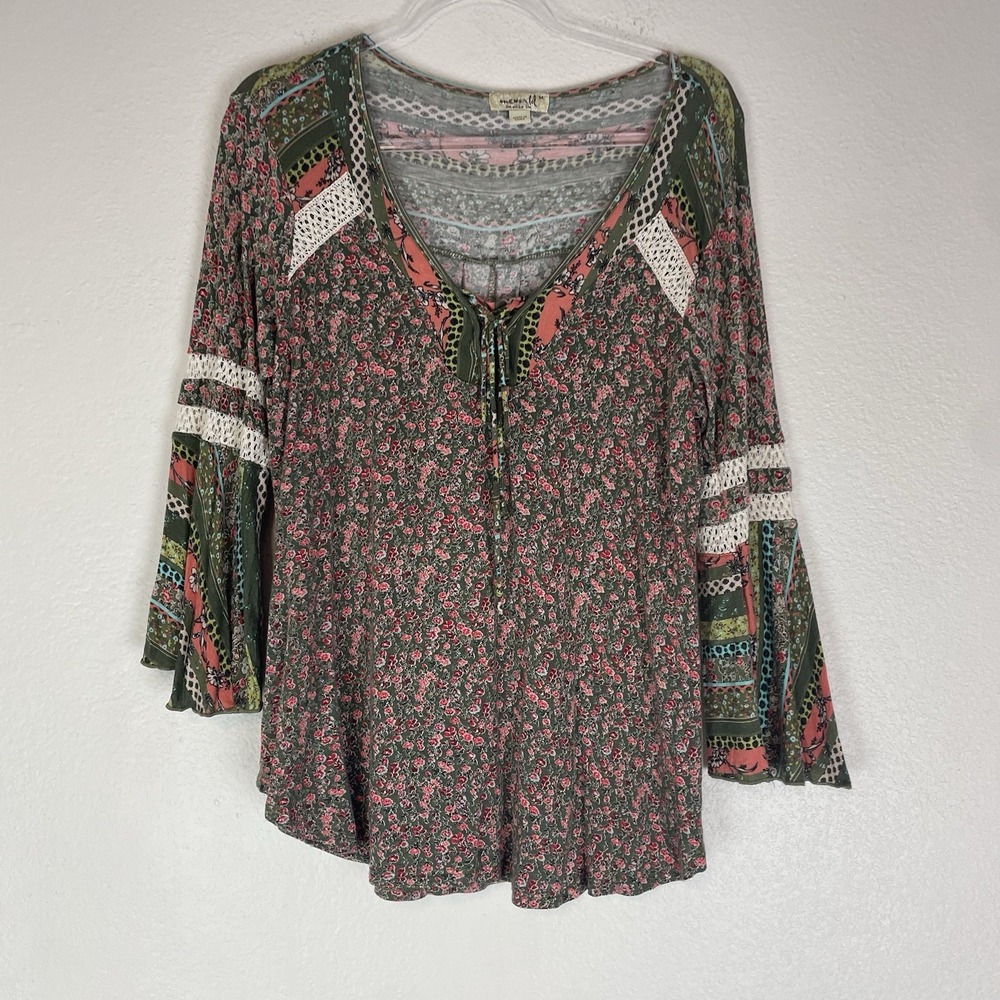 One World Top Medium Boho Cottagecore Patchwork Indie Prairie Flare Sleeve Soft